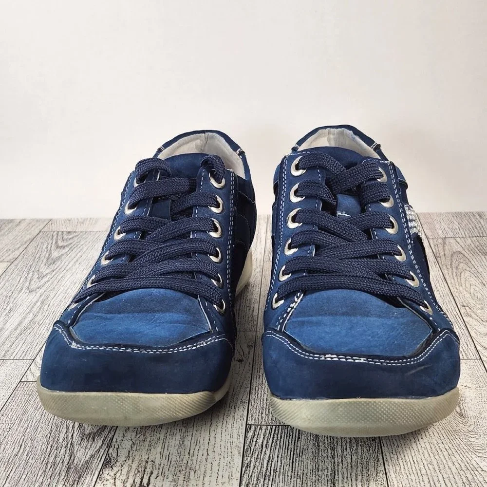 MYSTIKARMA Womens Casual Shoes Size 5-5.5 (36) Blue Leather/Canvas w/Rhinestones